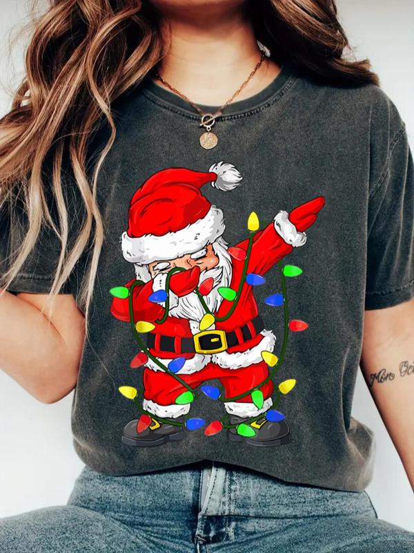 Women's Christmas Santa Claus Print Round Neck Tee, Casual Short Sleeve Crew Neck T-shirt for Daily Holiday Vacation Outdoor Wear, Ladies Clothes for All Seasons