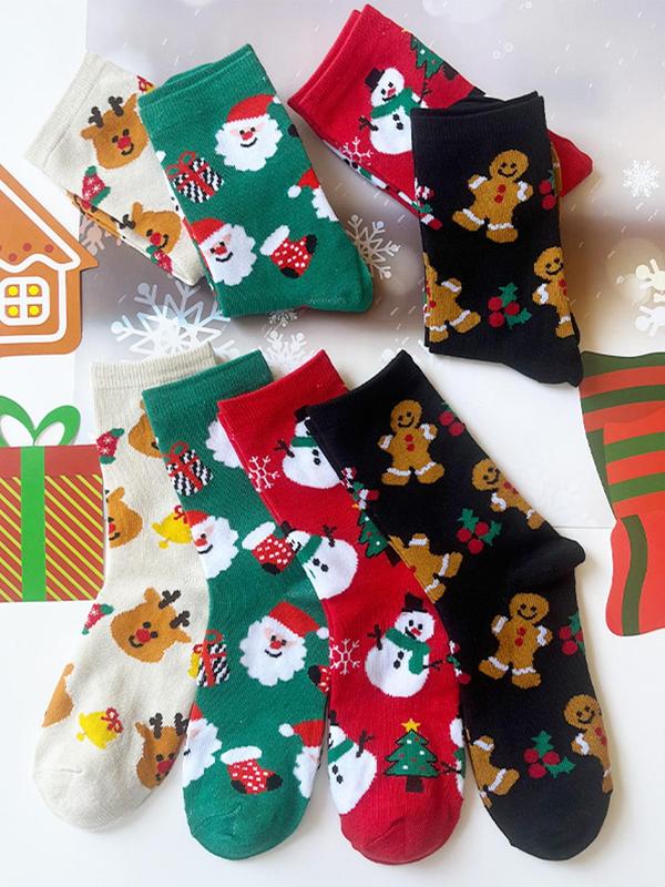 Women's Christmas Themed Cartoon Print Crew Socks, Casual Comfortable Breathable Mid-calf Socks for Daily Wear, Women's Socks for All Seasons