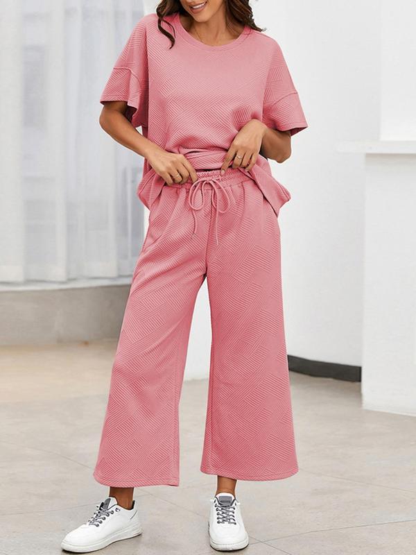 Two-Piece Set Women's Solid Textured Wide Leg Pants Set, Casual Drop Shoulder Tee & Drawstring Waist Pants, Vacation Outfits Sets, Summer Outfits Clothes Set for Ladies Outdoor Holiday