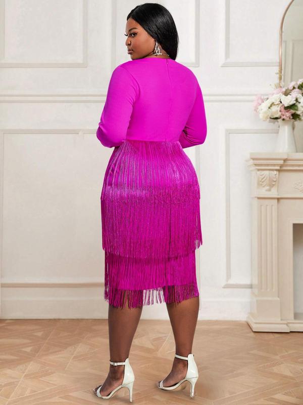 Plus Size Fringe Trim Contrast Mesh Bodycon Dress, Elegant Long Sleeve Midi Dress for Party Holiday Wedding Guest, Women's Clothes for All Seasons