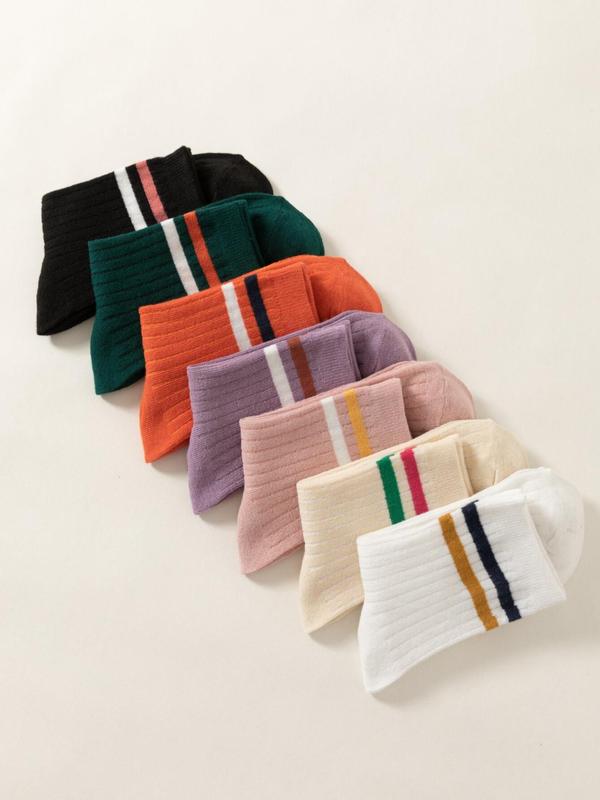 Women's 7 Pairs Contrast Stripes Print Crew Socks, Casual Comfort Moisture Wicking Socks for Lady, Soft Comfy Breathable Sporty Socks for All Seasons Daily Wear, Womenswear