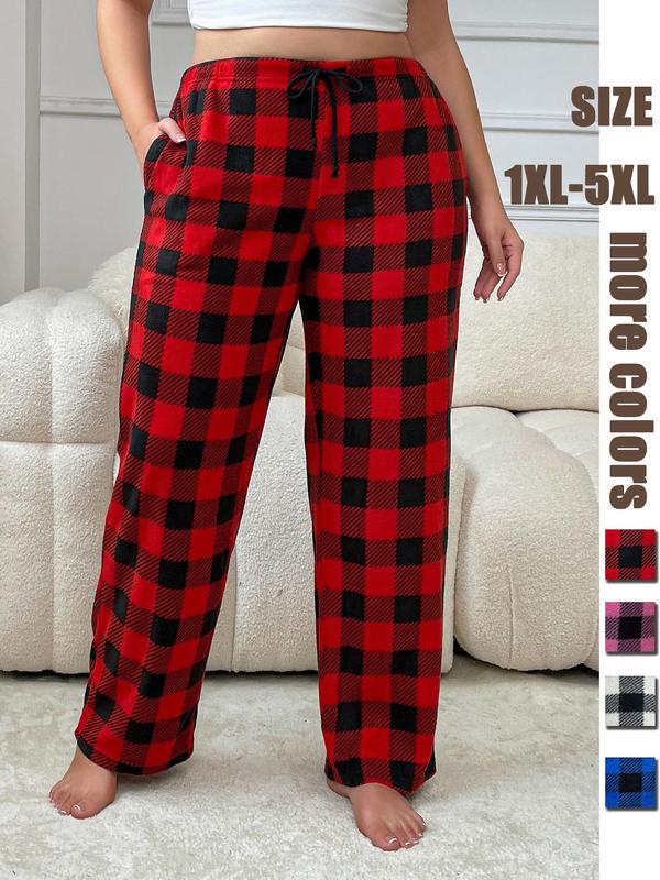  Christmas Plaid Print Drawstring Pocket Lounge Pants, Casual Comfy Trousers for Daily Wear, Women's Sleepwear for Fall & Winter