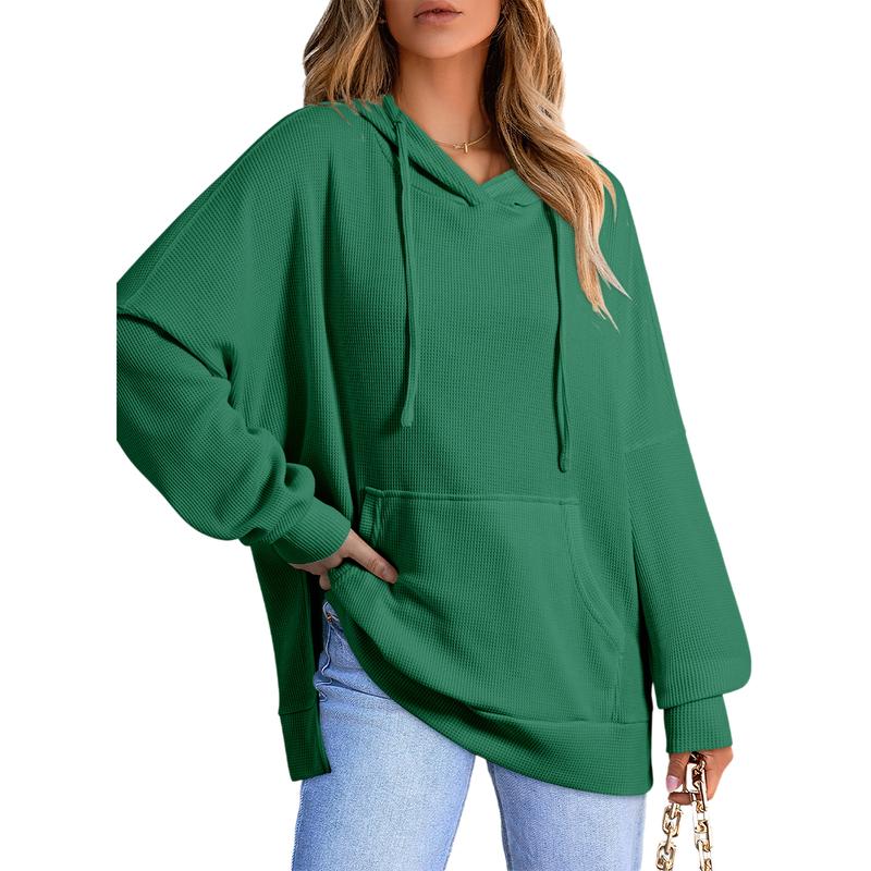 Dokotoo Oversized Hoodies for Women Casual Long Sleeve Waffle Knit Drawstring Side Slit Pullover Sweatshirts with Pocket