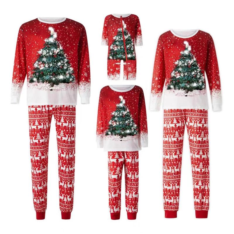 Red Matching Christmas Pajamas For Family, Long Sleeve Deer Snowflake Print Pullover + Pants Set