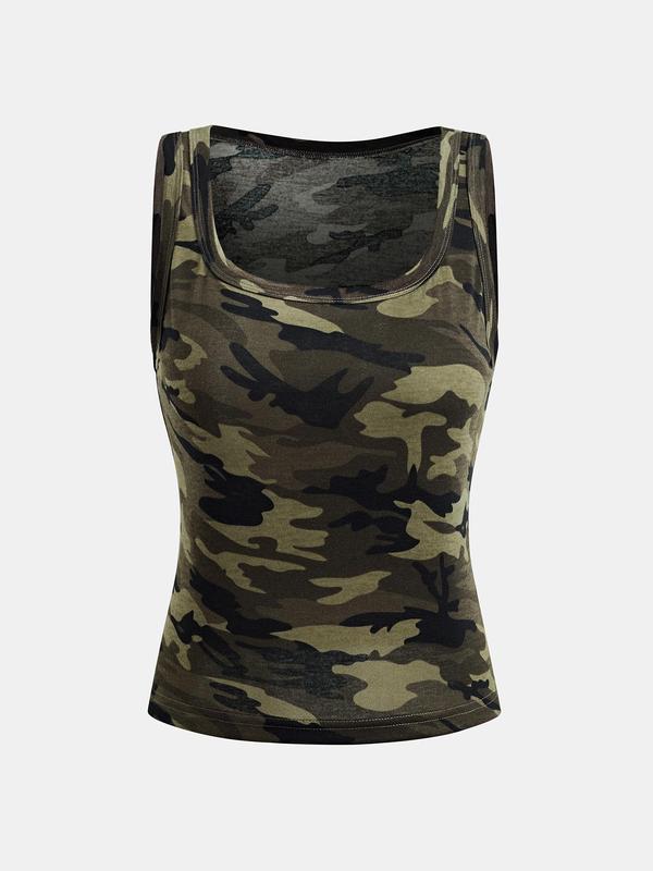 YOZY Women's Camo Print Square Neck Crop Tank Top, Casual Sleeveless Cropped Top for Daily Wear, Ladies Clothes for All Seasons