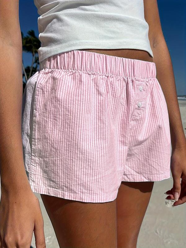 Women's Striped Button Elastic Waist Bloomer Shorts, Casual Comfy Shorts for Summer, Fashion Women's Bottoms for Daily Wear