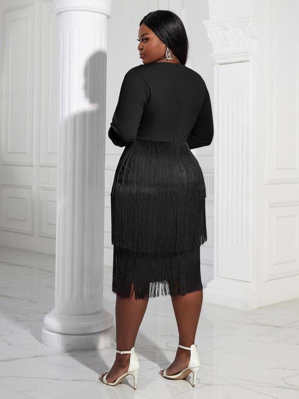 Plus Size Fringe Trim Contrast Mesh Bodycon Dress, Elegant Long Sleeve Midi Dress for Party Holiday Wedding Guest, Women's Clothes for All Seasons