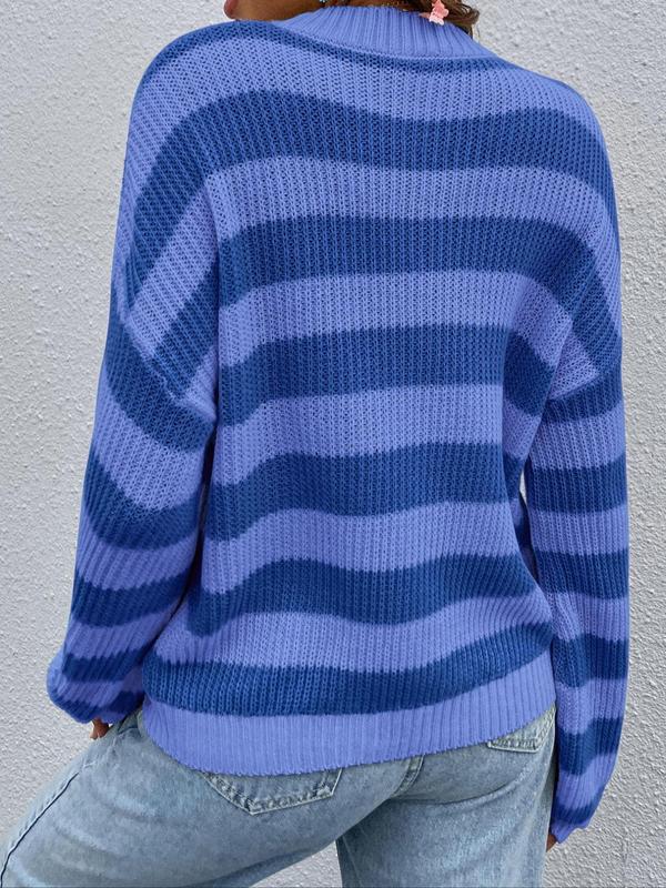 Women's Striped Print Drop Shoulder Sweater, Casual Long Sleeve Round Neck Jumper for Spring & Fall, Fashion Women's Knitwear for Daily Wear, Fall Clothes 2024