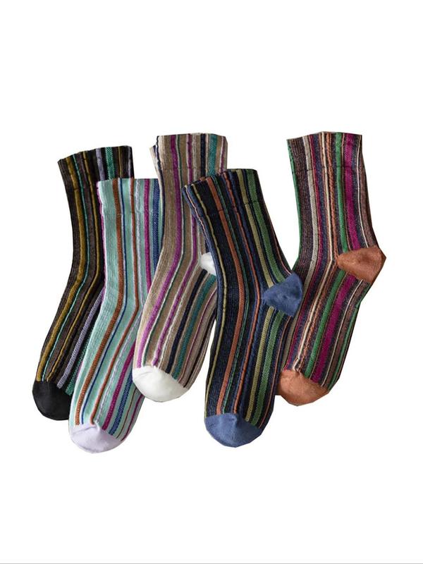 Women's 5 Pairs Colorblock Striped Print Crew Socks, Casual Mid-calf Socks for Women & Girls, Stocking Ideas, Soft Comfy Breathable Socks for Spring & Fall & Winter Daily Wear