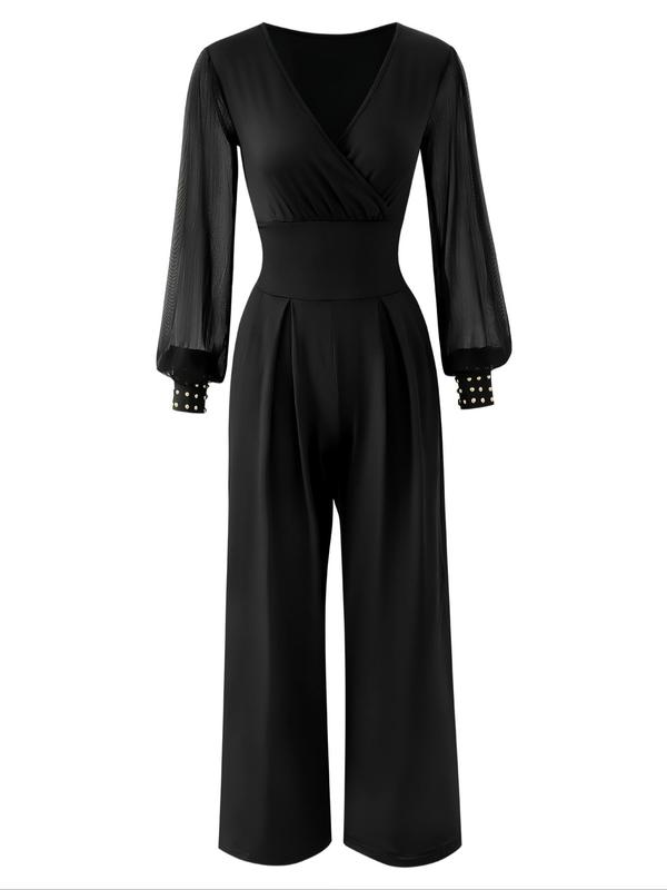 Women's Plain Sheer Wide Leg Tulle Jumpsuit, Elegant Deep V Neck Bishop Sleeve Contrast Mesh Jumpsuit for Party Holiday Vacation, Ladies Summer Clothes