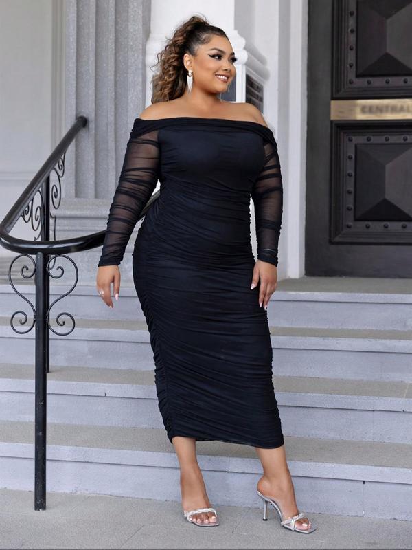 Plus Size Off Shoulder Mesh Bodycon Dress, Elegant Ruched Long Sleeve Evening Party Gown, Women's Clothes for Summer