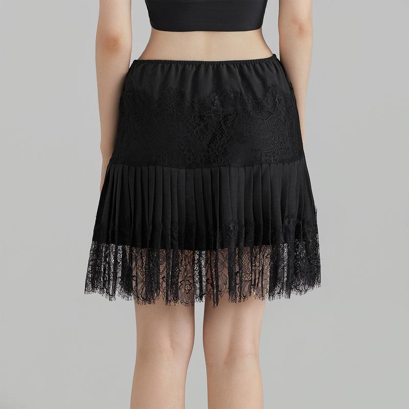 Women Lace Tiered Mini Skirt Summer Elastic Pleated Lace Trim Half Slip Low Rise Flowy Short Skirts Underskirt