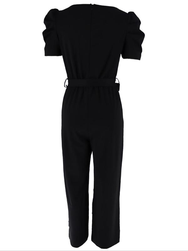 Women's Solid Belted Puff Sleeve Wide Leg Jumpsuit, Casual V Neck Long Sleeve Jumpsuit for Summer, Women's Clothing for Daily Wear