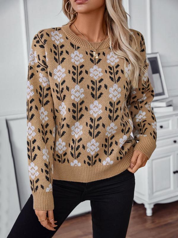 Women's Floral Print Drop Shoulder Sweater, Casual Long Sleeve Round Neck Jumper for Fall & Winter, Lady Fashion  Knitwear for Daily Womenswear