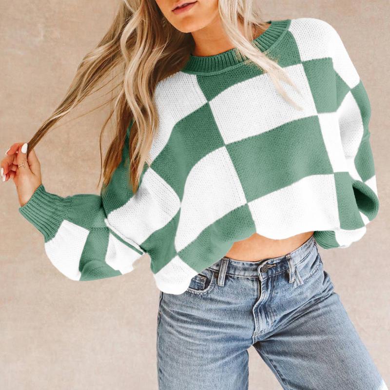 Women's Checkered Bishop Sleeve Knit Sweater - Womenswear, Knitwear Casual Boho