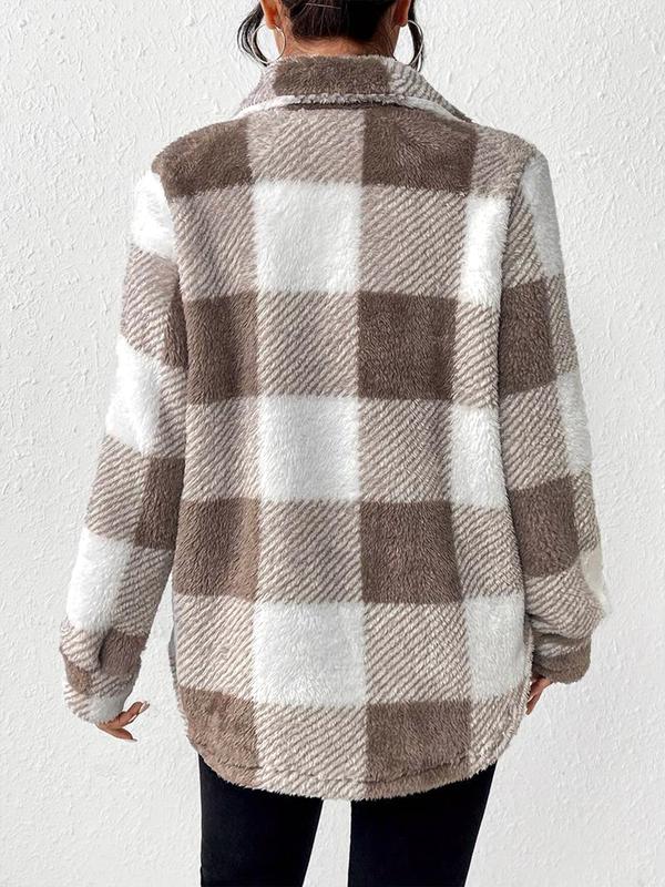 Women's Plaid Print Button Front Fuzzy Jacket, Casual Long Sleeve Collared Plush Outerwear for Fall & Winter, Women's Clothes for Daily Wear