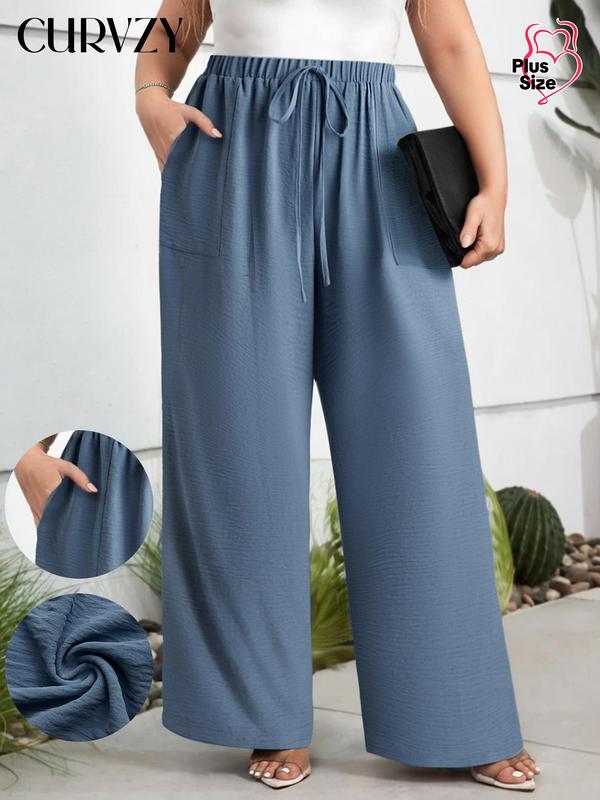 CURVZY Plus Size Fall Aesthetic Women's Tie Front Wide Leg Pants, Casual Textured Pocket Trousers for Outdoor Wear, Women's Stretchy Bottoms for Summer