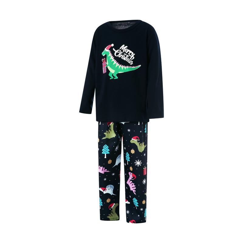 Black Matching Christmas Pajamas For Family, Dinosaur Letter Printing Long Sleeve Round Collar Sleepwear Jumpsuit for Adult Baby Kid Dog