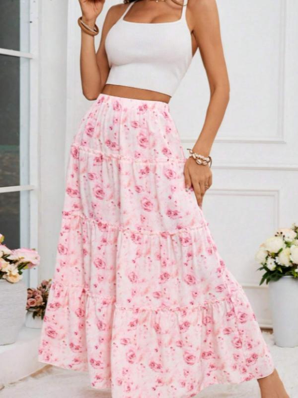 Women's Floral Print Frill Trim Ruffle Hem A Line Skirt, Boho Fashion High Waist Long Skirt for Daily Holiday Vacation Wear, Ladies Bottoms for All Seasons