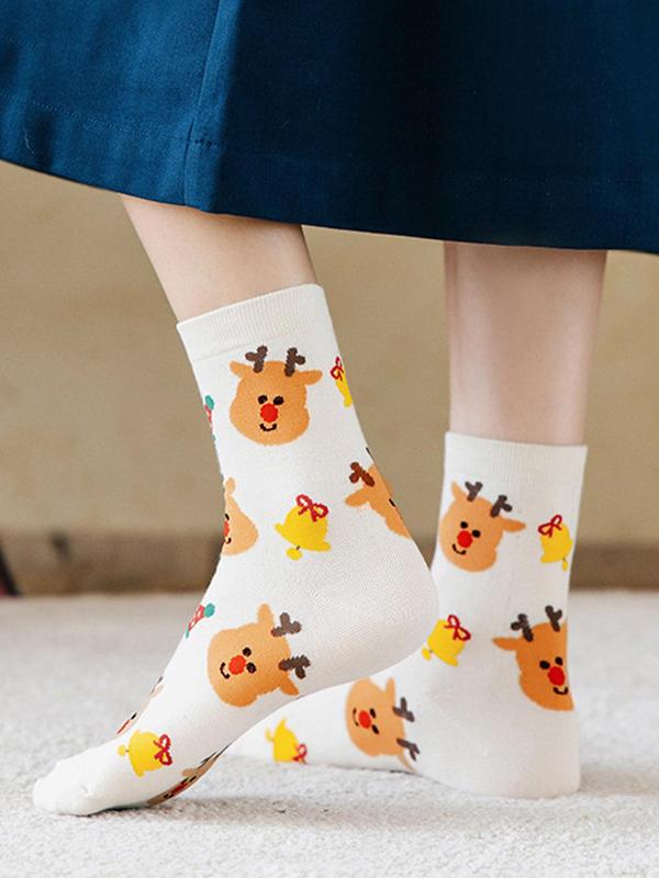 Women's Christmas Themed Cartoon Print Crew Socks, Casual Comfortable Breathable Mid-calf Socks for Daily Wear, Women's Socks for All Seasons