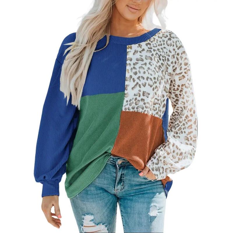 Leopard Patchwork Color Block Ribbed Long Sleeve Tops Shirts Womenswear