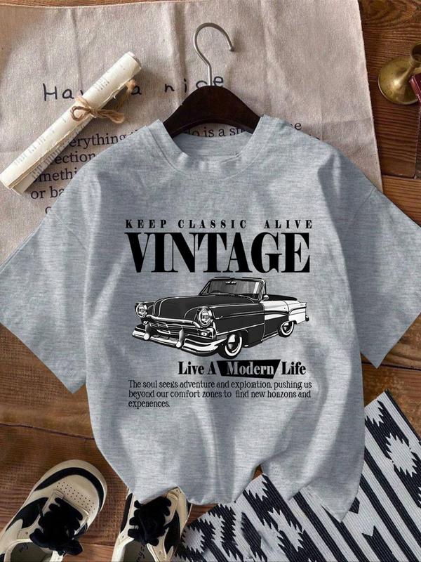 Women's Vintage Car & Letter Print Round Neck Tee, Casual Short Sleeve Crew Neck T-shirt for Summer, T Shirts for Women, Fashion Women's Top for Daily Wear