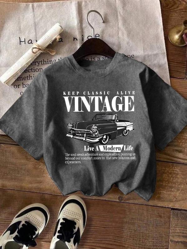 Women's Vintage Car & Letter Print Round Neck Tee, Casual Short Sleeve Crew Neck T-shirt for Summer, T Shirts for Women, Fashion Women's Top for Daily Wear