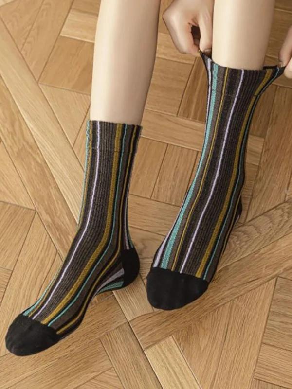 Women's 5 Pairs Colorblock Striped Print Crew Socks, Casual Mid-calf Socks for Women & Girls, Stocking Ideas, Soft Comfy Breathable Socks for Spring & Fall & Winter Daily Wear