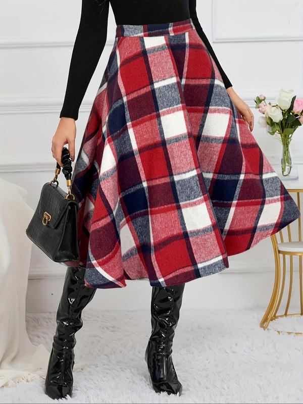 Women's Plaid Print Zipper A Line Skirt, Casual Fashionable Midi Skirt for Daily Outdoor Wear, Women's Bottoms for Fall & Winter, Going Out Bottoms, Winter Clothes Women, Fall Clothing Women, Skirts for Women Plaid Skirt