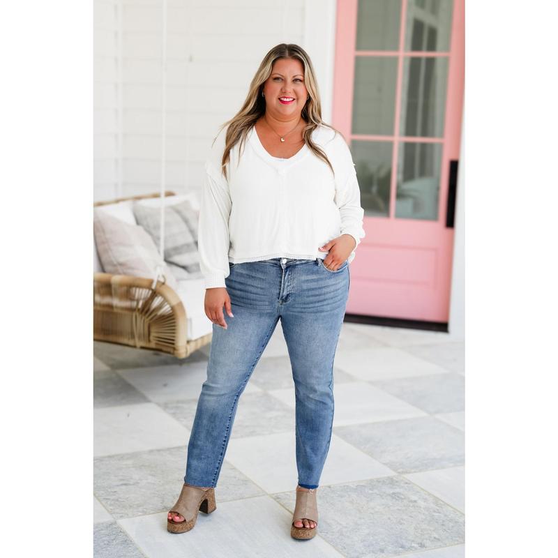 Risen Your Bestie High Rise Medium Wash Raw Edge Hem Straight Leg Jeans