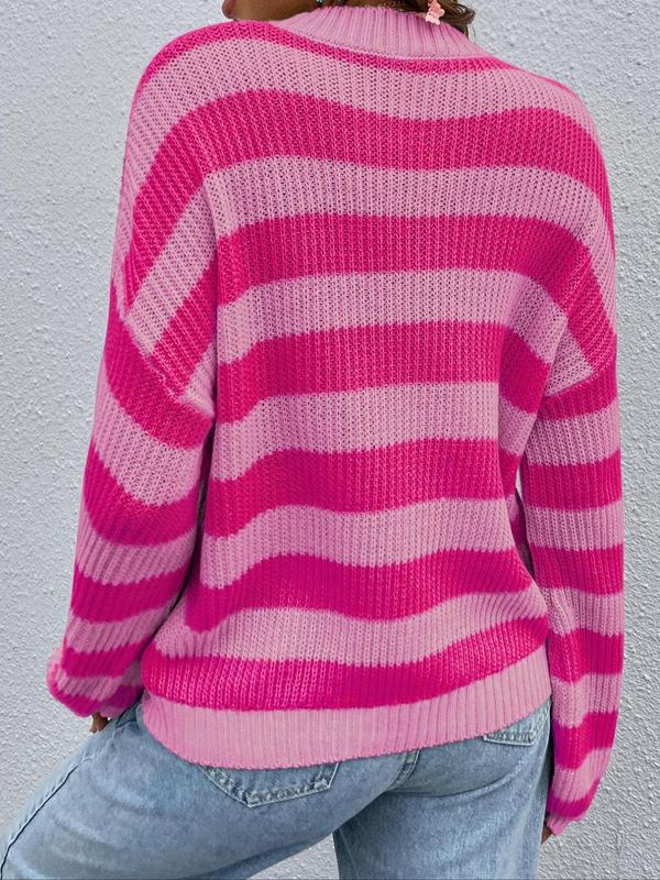 Women's Striped Print Drop Shoulder Sweater, Casual Long Sleeve Round Neck Jumper for Spring & Fall, Fashion Women's Knitwear for Daily Wear, Fall Clothes 2024