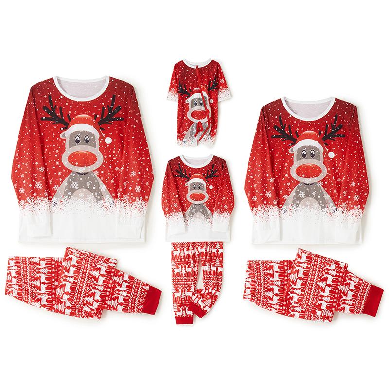 Red Matching Christmas Pajamas For Family, Long Sleeve Deer Snowflake Print Pullover + Pants Set