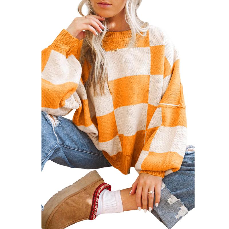 Women's Checkered Bishop Sleeve Knit Sweater - Womenswear, Knitwear Casual Boho