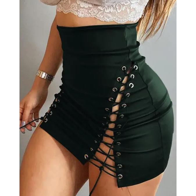 Lace-Up PU Leather Skirt for Woman 2023 New Fashion High Waist Sexy Eyelet Skinny Solid Color Bodycon Mini Skirts Night Out xizou