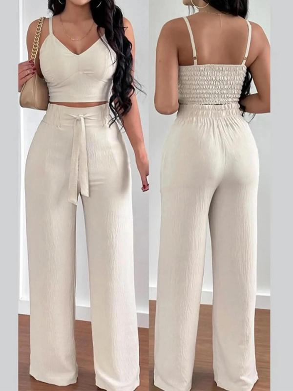 Women's Solid Shirred Crop Cami Top & Tie Front Wide Leg Pants Two-Piece Set, Casual Fashion Cozy Two Piece Outfits for Daily Outdoor Wear, Ladies Clothes for Summer