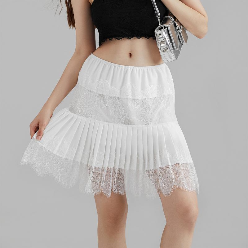 Women Lace Tiered Mini Skirt Summer Elastic Pleated Lace Trim Half Slip Low Rise Flowy Short Skirts Underskirt