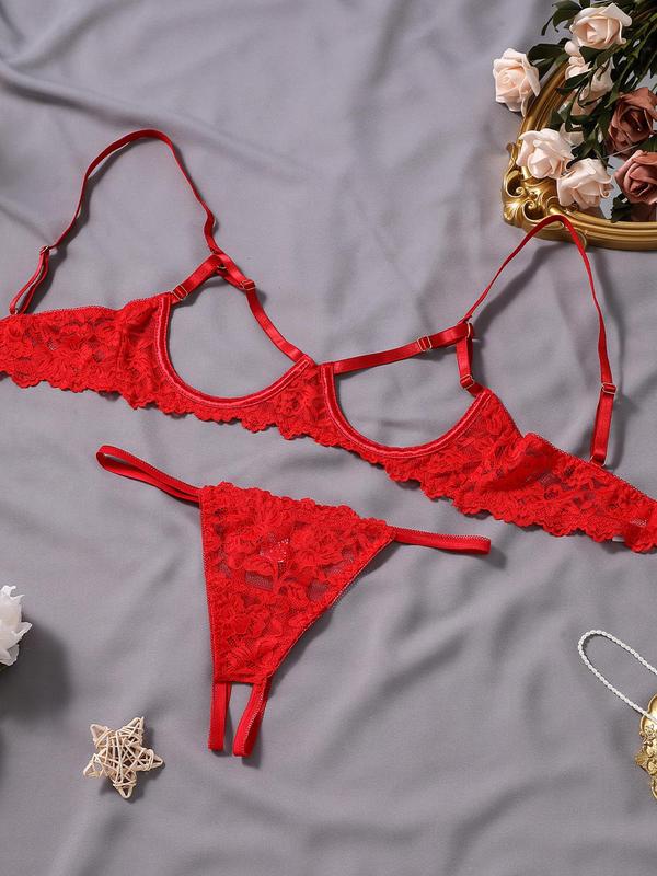 Women's Floral Lace Sexy Lingerie Set, Sexy Cut Out Underwire Bra & Open Crotch Design Thong Two-Piece Set, Lingerie Set for Women, 2000s Wear