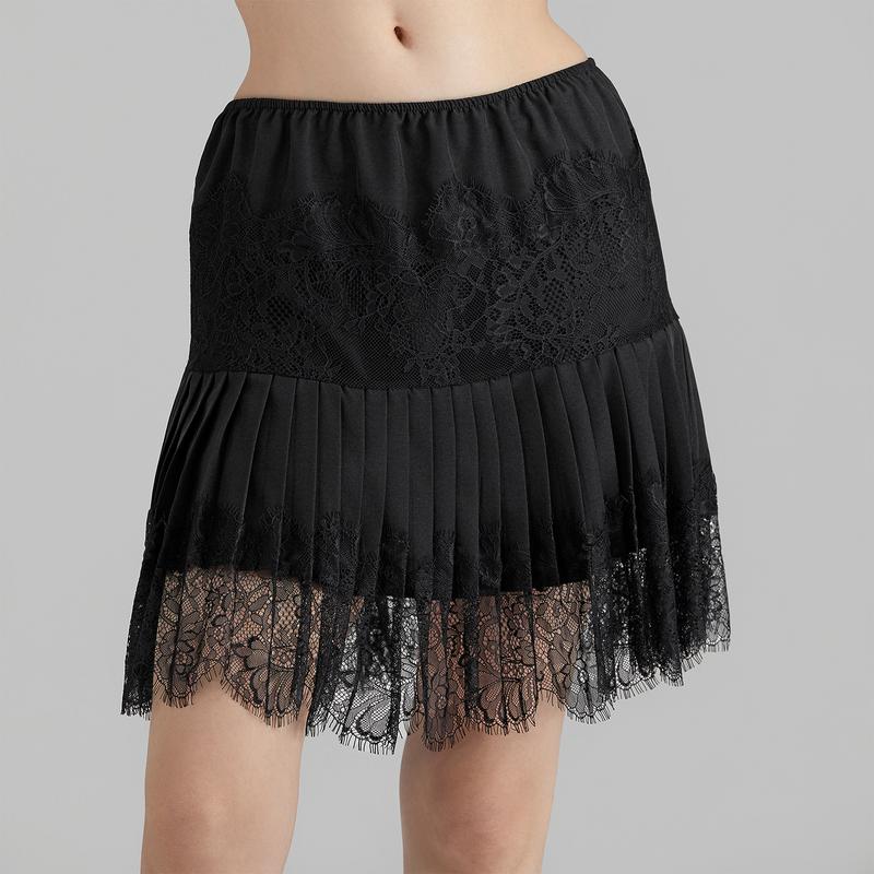 Women Lace Tiered Mini Skirt Summer Elastic Pleated Lace Trim Half Slip Low Rise Flowy Short Skirts Underskirt