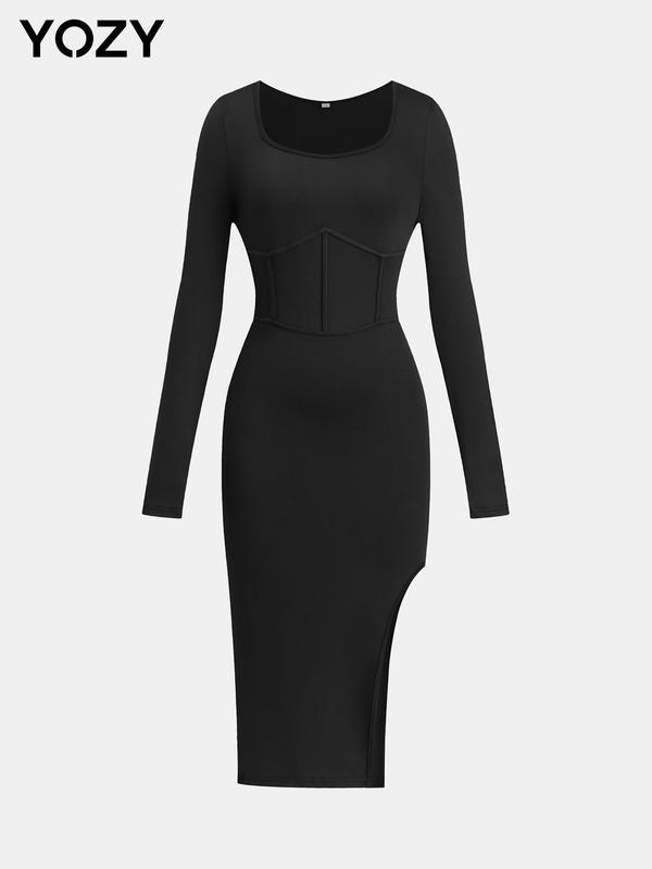 YOZY Women's Solid Split Thigh Bodycon Dress, Long Sleeve Square Neck Midi Dress for Party Club Dating Wear, Women's Clothing for Fall