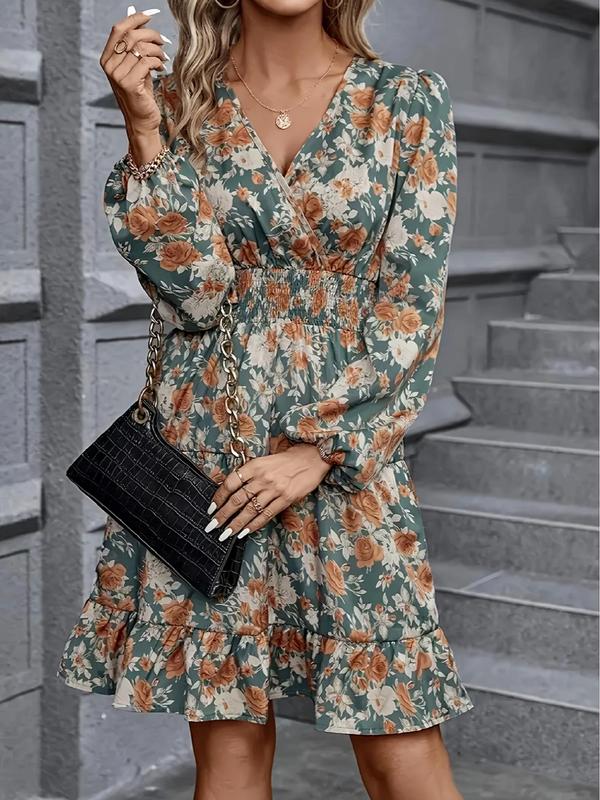 Women's Floral Print Lantern Sleeve Shirred Wrap A Line Dress, Elegant V Neck Long Sleeve Ruffle Hem Knee Length Dress for Spring & Fall, Women's Clothing for Daily Wear