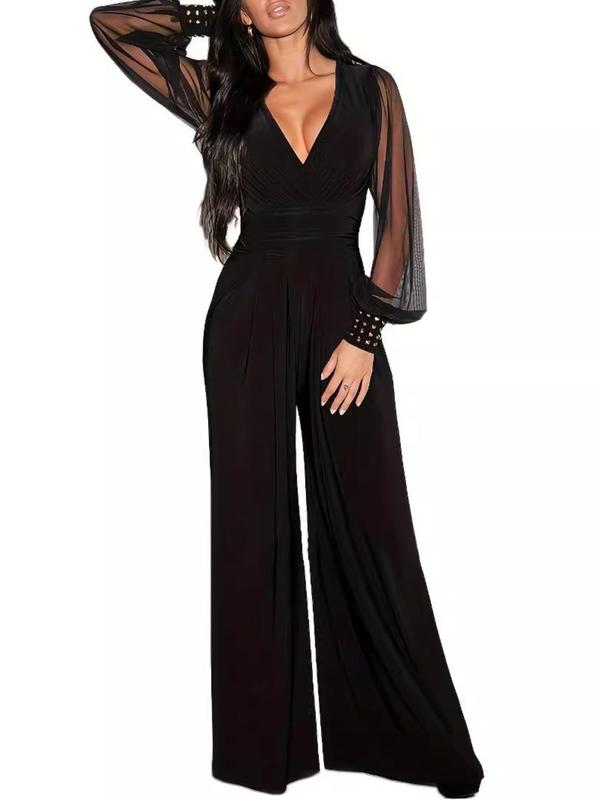 Women's Plain Sheer Wide Leg Tulle Jumpsuit, Elegant Deep V Neck Bishop Sleeve Contrast Mesh Jumpsuit for Party Holiday Vacation, Ladies Summer Clothes