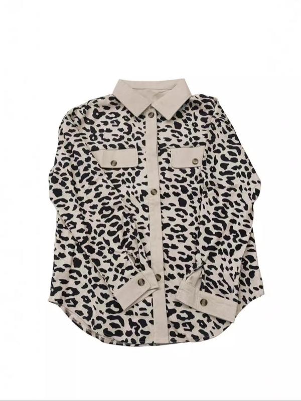 Women's Leopard Print Fake Buttons Drop Shoulder Corduroy Jacket, Casual Long Sleeve Collared Button Front Outerwear for Fall & Winter, Ladies Clothes for Daily Wear