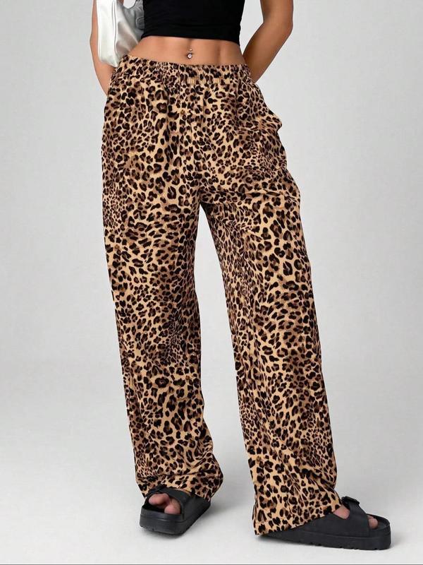 Women's Leopard Print Pocket Wide Leg Pants, Casual Comfy Trousers for Daily Wear, Ladies Bottoms for All Seasons