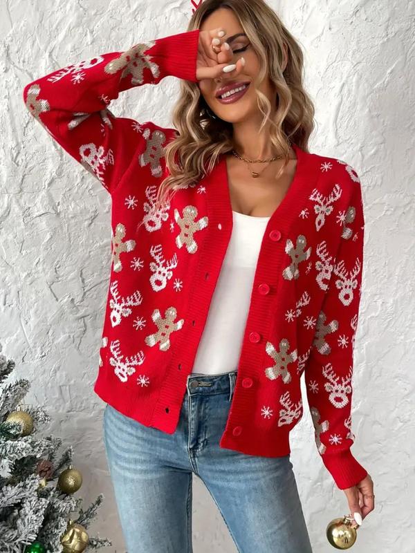 Women's Christmas Themed Button Front Sweater Cardigan, Elegant Long Sleeve V Neck Cardigan Sweater for Fall & Winter, Women's Knit Clothing for Daily Wear