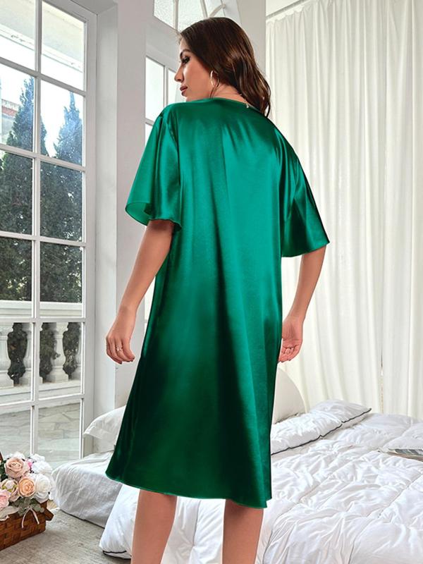 Women's Minimalist Butterfly Sleeve V Neck Soft Satin PJ Nightdress, Women's Summer Clothes, Lady Solid Color Comfortable Nighties Midi Dress for Sleepwear Homewear Nightwear, Gift for Lover