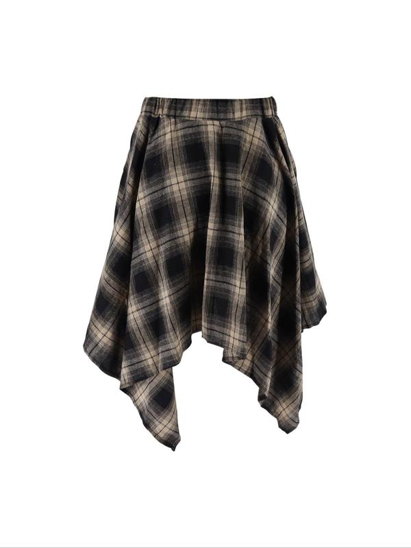 Women's Plaid Print Tie Front A Line Skirt, Casual Asymmetrical Hem Skirt for Summer, Women's Bottoms for Daily Wear