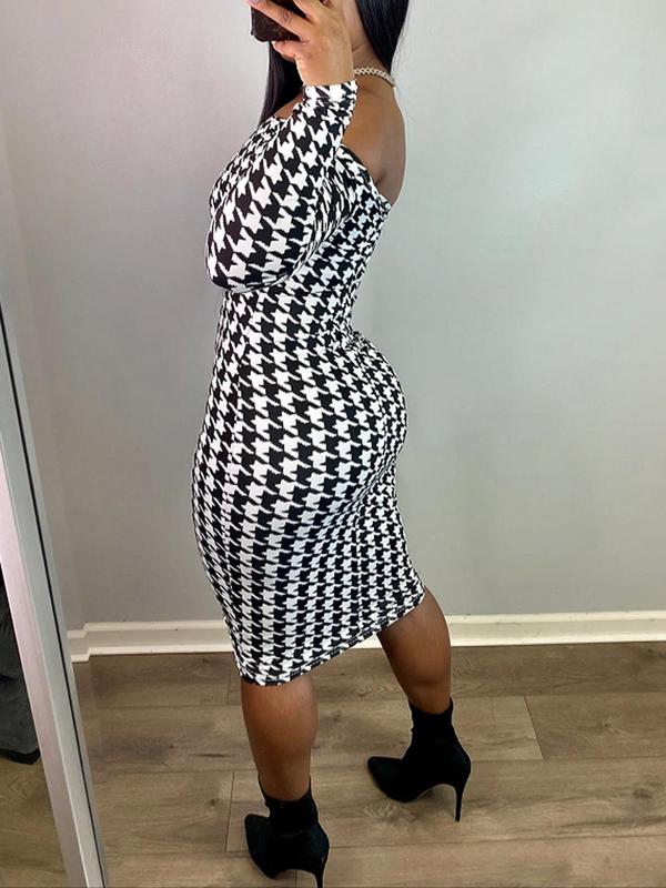 Women's Houndstooth Print Off Shoulder Bodycon Dress, Fashion Casual Tight Long Sleeve Midi Dress for Fall & Winter, Women's Clothing for Daily Wear