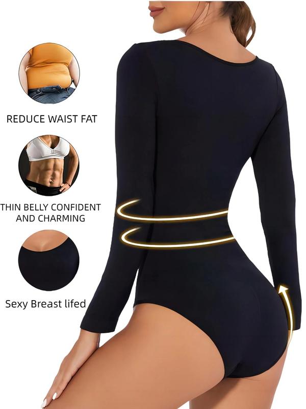 Women's Solid Scoop Neck Shapewear Bodysuit, Casual Comfort Long Sleeve Slimming Bodysuit, Lady Shapewear for Spring Fall, Womenswear