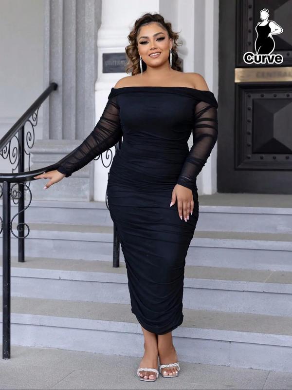 Plus Size Off Shoulder Mesh Bodycon Dress, Elegant Ruched Long Sleeve Evening Party Gown, Women's Clothes for Summer