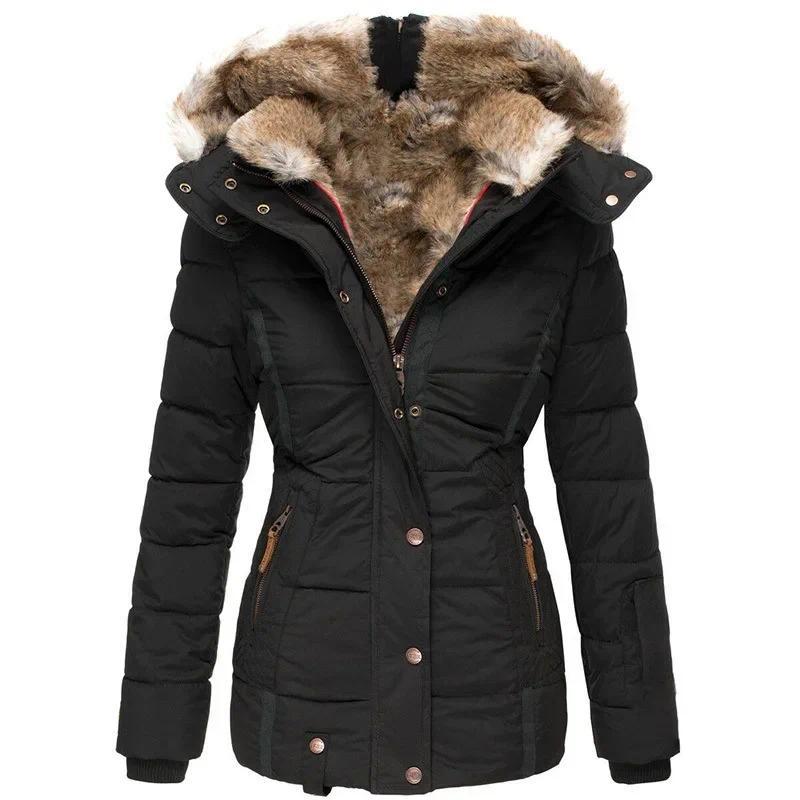 Winter Warm Wool Collar Cotton Coat Womens Zipper Long Sleeve Slim Fit Hooded Cotton Coat